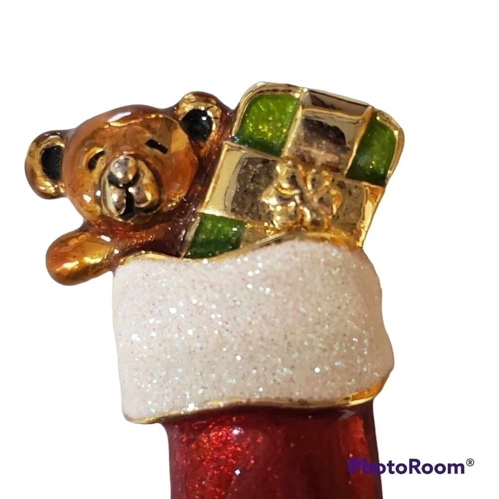 Vintage Christmas Brooch Signed Enameled Stocking Bear Present Boot Gold Toned - Picture 3 of 5